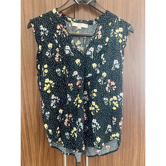 Loft Small Blouse Black White Polka Dot Floral Sleeveless V-Neck Top - Picture 2 of 8
